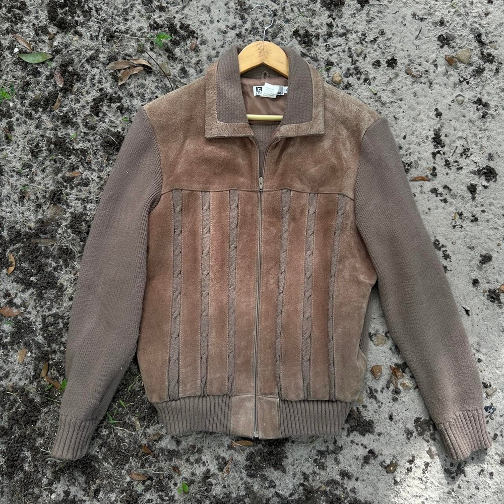 Vintage 90s Leonardo Fini Brown suede knit zip-up jacket Size XL